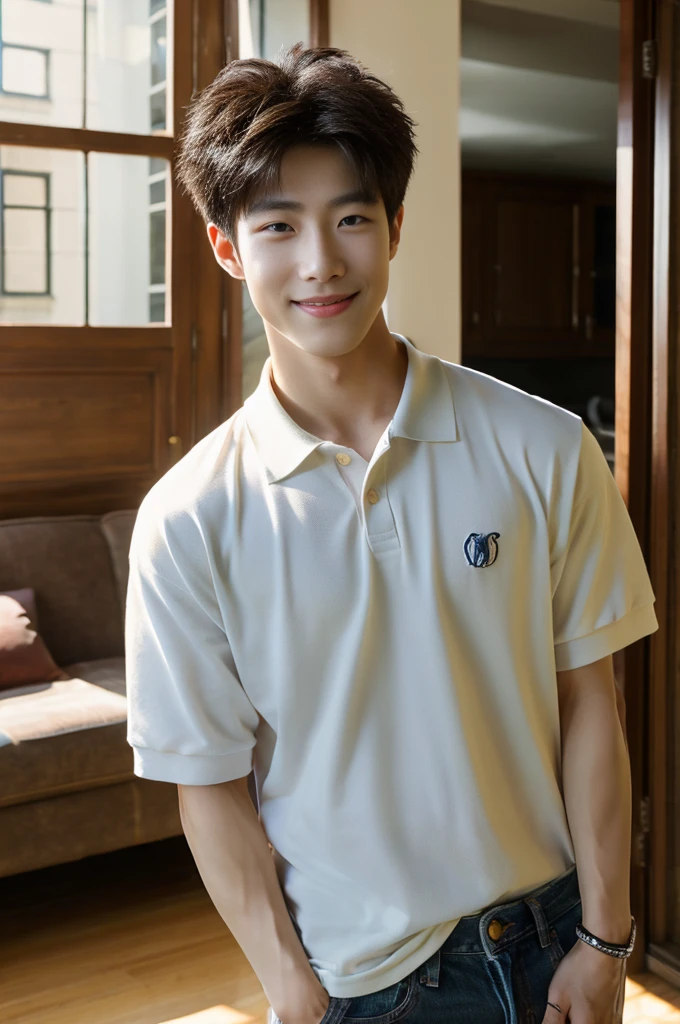 ((realistic daylight)) , (Young Korean man in a polo shirt) , Jeans, A handsome, muscular young Asian man looks at the camera. , in the living room,turn sideways, smile