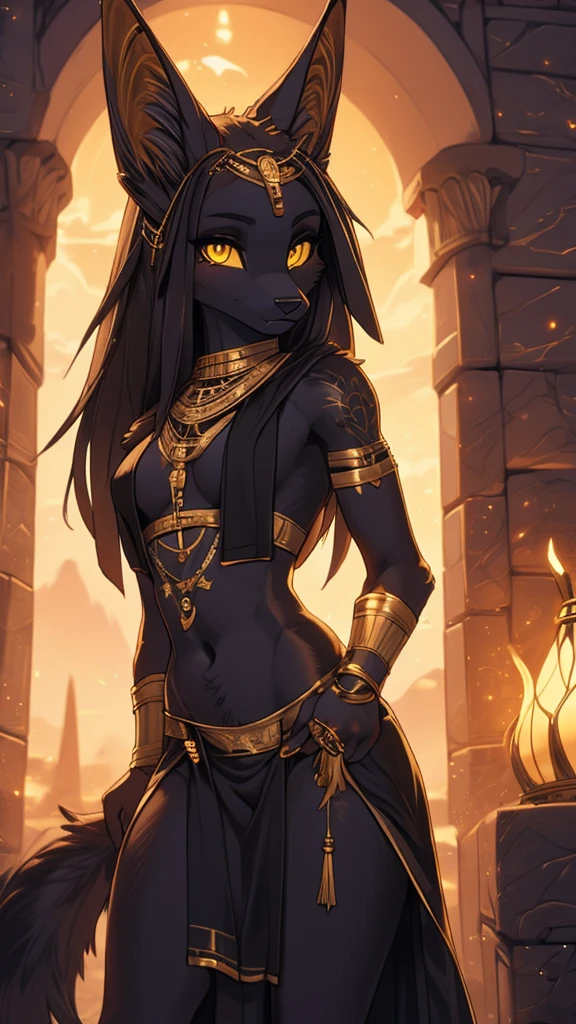 Masterpiece Best quality, the best definition to add aesthetic and lighting details Black girl jackal, egiptian clothes, teen girl, ,black body, egipt landscape, golden tattoo body, sensual eyes, yellow pupil