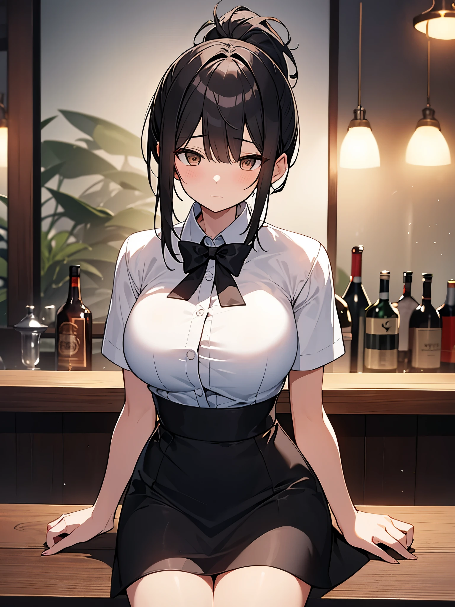 A bar at night, seated, customers, cocktail glasses filled with alcohol, white collared shirt, short sleeves, black suit, black skirt, ponytail:1.9 背のexpensive女性:1.9. Short black hair, straight hair, hair tie, bangs swept to the side:1.9. Slanted Eyes, Brown eyes, expensive, Strong-willed, beautiful、Big breasts、adult、Broad shoulders