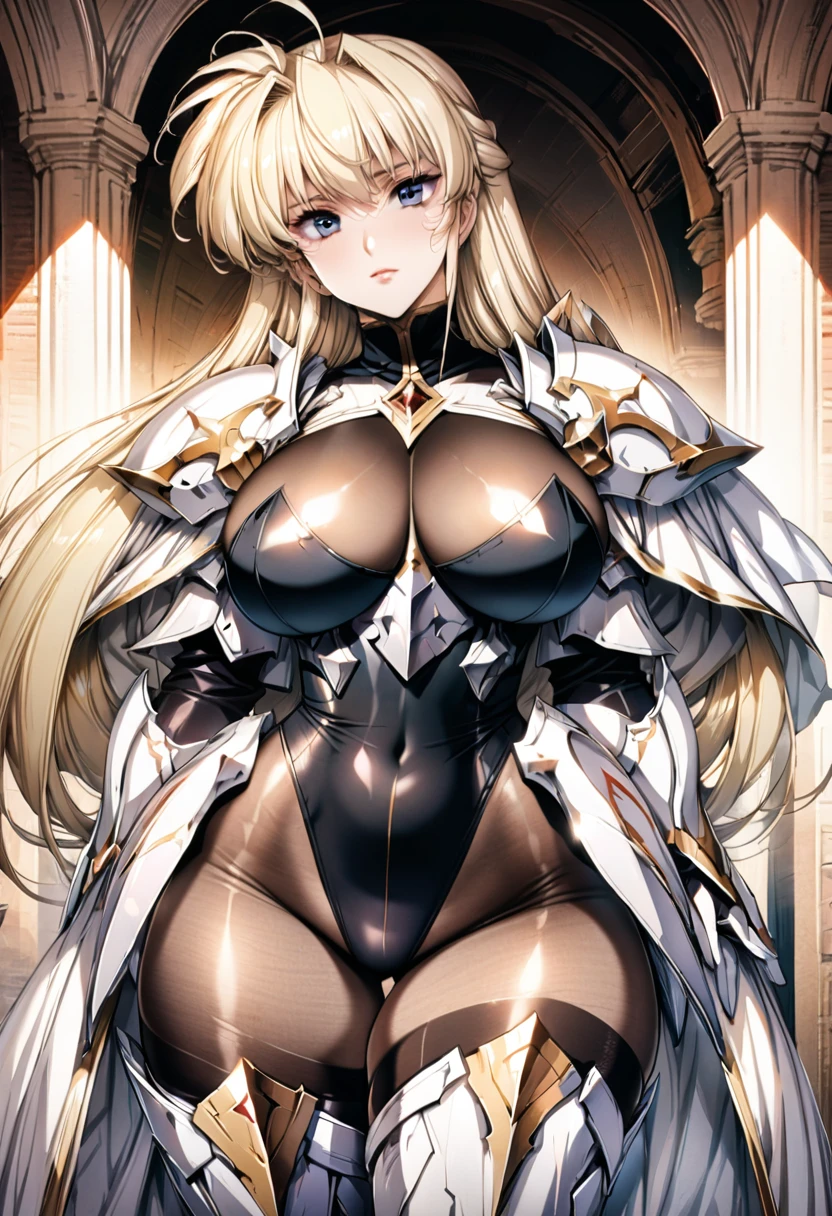 ((highest quality)), ((masterpiece)), ((hyperrealistic)), (detailed background), 1girl, ((curvy: 1.2)), perfect face, ((Langrisser white princess)), makeup, ((high cut black leotard: 1.5)), ((catsuit)), ((white paladin armor)), ((long skirt)), (Noble cloak de cour), gauntlet, gloves, Blonde straight hair, ahoge, (huge breasts: 1.3), (see-through cleavage cutout: 1.2), (brown see-through pantyhose thigh: 1.3), (zettai ryouiki armored thigh high boots), beautiful blue eyes, Perfect hands, perfect fingers,