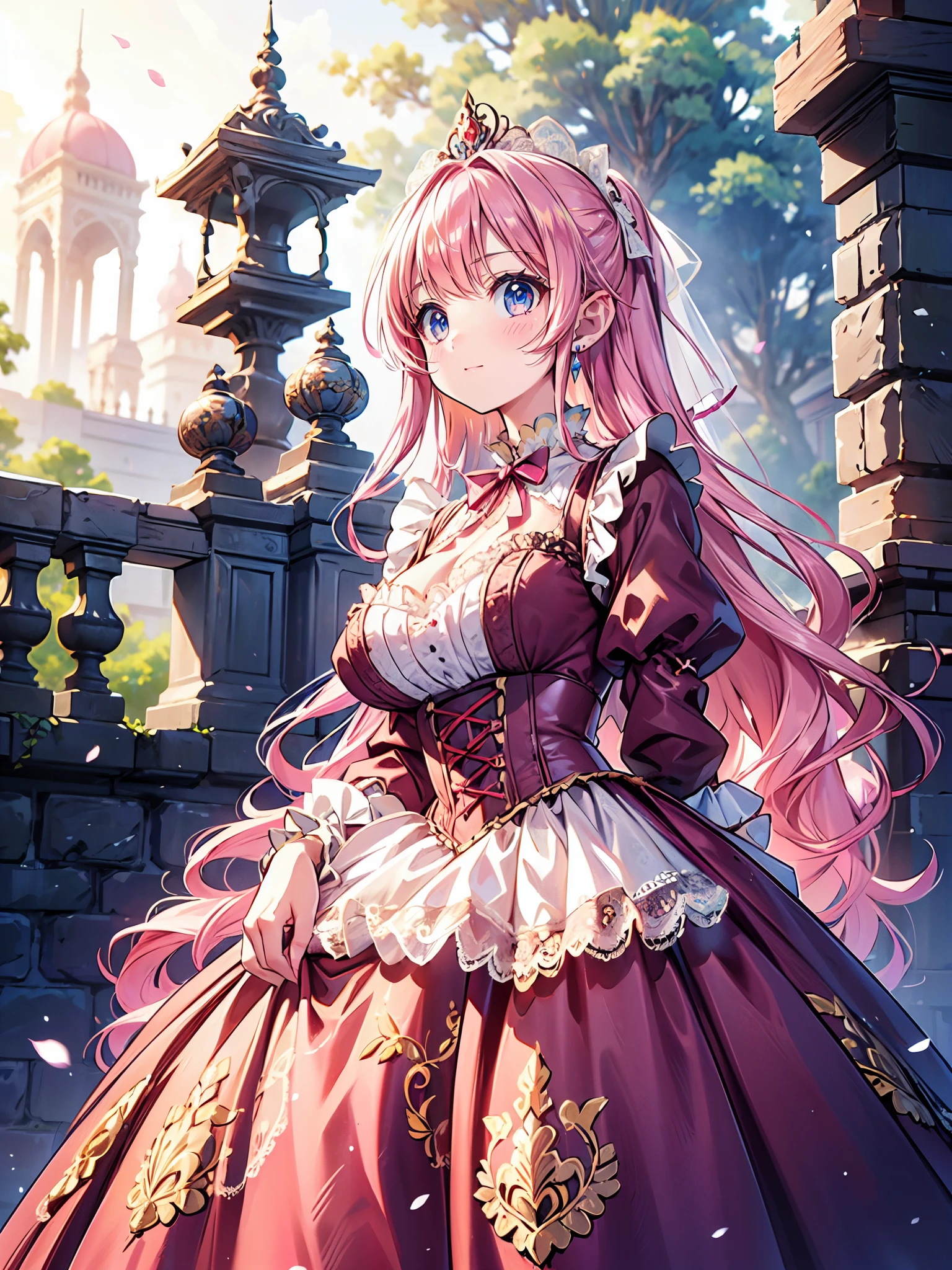 ((Superbly detailed drawing, ultra detailed, exquisite quality, absolutely resolution)), (((young face solo princess))), (((Unsurpassed gorgeous rococo victorian gown with voluminous huge hoopskirt and long hems, hot pink gown, princess style skirt:1.5))), ((transparency gown, fluffy and full of pleats skirt:1.3)), (Super detailed and intricate exquisite design gown:1.5), ((overwhelming amount many ruffles with ribbons with intricate lace with Super detailed and intricate embroidery:2)), ((huge breasts, breasts cleavage)), (ponytail, fluffy long Expressive, hair pink hair), super voluminous long hair, hair ornament tiara, happy smile, ((upper body, looking up, looking at viewer, leaning forward, from front, curtsey:2)), (blurry background, depth of field:1.5), super detailed skin, super delicate and beautiful face, (eyes blue eyes), (backlighting, particle effect, caustics), (((sharp focus))), (((breasts focus))), (((face focus))),