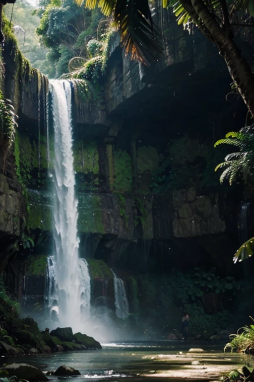 Jungle background with waterfall, animated 