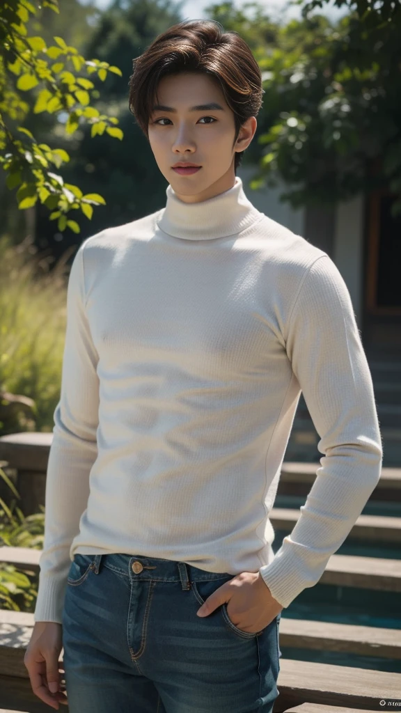 (realistic, คุณภาพhigh: 1.3) Handsome Asian man, high, Turtleneck, Skinny jeans, photography, Dutch corner, outdoor, Hair style up, hair dyed blonde