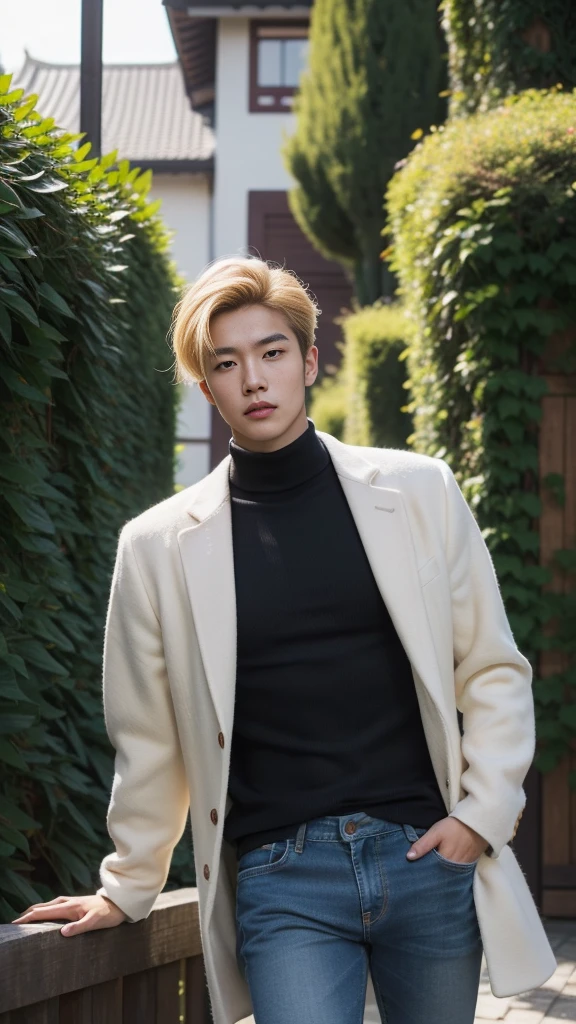 (realistic, คุณภาพhigh: 1.3) Handsome Asian man, high, Turtleneck, Skinny jeans, photography, Dutch corner, outdoor, Hair style up, hair dyed blonde