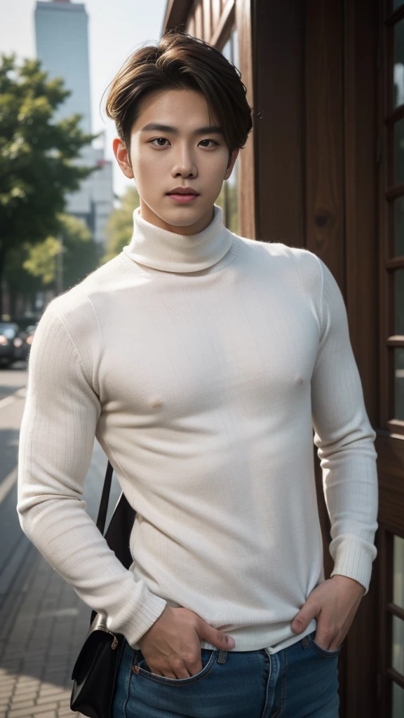 (realistic, คุณภาพhigh: 1.3) Handsome Asian man, high, Turtleneck, Skinny jeans, photography, Dutch corner, outdoor, Hair style up, hair dyed blonde