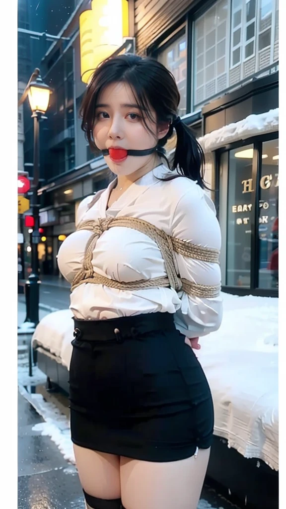 ((((Perfect anatomy, super delicate skin)))), 1 girl, Japanese, high school girl, shiny skin, big breasts:0.5, looking away, looking up, watching the scenery, from below, beautiful hair, pretty face, beautiful delicate eyes, (long hair:1.4, side ponytail:1.7), blue eyes, beautiful collarbone, beautiful body, beautiful breasts, beautiful thighs, beautiful legs, baby face, , , mole under the eye, ((((Long sleeves)), navy sailor suit, navy blue pleated skirt, navy sailor collar, red scarf, coat, high thighs, short boots), school bag), attractive thighs, high thighs, ((Collar)), (((Endless rope bondage, (brown rope), Shiri, (Shiri over clothes), lift and tie the skirt))), ((Hands behind the back:1.6), breasts:1.5, weapons:1.5, legs:1.5, crotch:1.2), wet crotch:1.5, leaking:.1.5, pee pool under buttocks)), ((Ahegao, shame, drooling, mouth wide open)), sitting, variza, open legs, bending forward, (beautiful scenery), winter, midnight, Hokkaido, Sapporo, park smell, lamp post, Christmas, Christmas tree, lighting, TV tower, snow, snowfall:1.5, cold weather, frost, (8k, top quality, masterpiece:1.2, extremely detailed), (realistic), beautiful illustration, lighting, ballgag ,bondage (Shibari,hands tied behind back:1.5), (Shibari:1.21),Tied up(((Drooling)))(((The shirt is wet))(((Wet body)))(((On the street, many people look)))((((black sock)))
