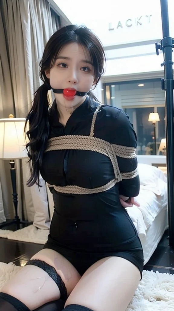((((Perfect anatomy, super delicate skin)))), 1 girl, Japanese, high school girl, shiny skin, big breasts:0.5, looking away, looking up, watching the scenery, from below, beautiful hair, pretty face, beautiful delicate eyes, (long hair:1.4, side ponytail:1.7), blue eyes, beautiful collarbone, beautiful body, beautiful breasts, beautiful thighs, beautiful legs, baby face, , , mole under the eye, ((((Long sleeves)), navy sailor suit, navy blue pleated skirt, navy sailor collar, red scarf, coat, high thighs, short boots), school bag), attractive thighs, high thighs, ((Collar)), (((Endless rope bondage, (brown rope), Shiri, (Shiri over clothes), lift and tie the skirt))), ((Hands behind the back:1.6), breasts:1.5, weapons:1.5, legs:1.5, crotch:1.2), wet crotch:1.5, leaking:.1.5, pee pool under buttocks)), ((Ahegao, shame, drooling, mouth wide open)), sitting, variza, open legs, bending forward, (beautiful scenery), winter, midnight, Hokkaido, Sapporo, park smell, lamp post, Christmas, Christmas tree, lighting, TV tower, snow, snowfall:1.5, cold weather, frost, (8k, top quality, masterpiece:1.2, extremely detailed), (realistic), beautiful illustration, lighting, ballgag ,bondage (Shibari,hands tied behind back:1.5), (Shibari:1.21),Tied up(((Drooling)))(((The shirt is wet))(((Wet body)))(((On the street, many people look)))((((black sock)))
