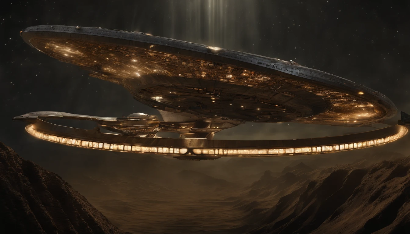 Sci-fi starship embodies biomechanical design, complex and detailed against the stark contrast of space, intricate beams and panels reflect an orange and beige palette, enveloped in a blur and haze that adds a mysterious ambiance, features illuminated by strategic lighting effects evoking drama, dark ambience, spacecraft designed in the manner of Ridley Scott,influences, includes an overlay of vintage da Vinci, Broken Glass effect, no background, stunning, something that even doesn't exist, mythical being, energy, molecular, textures, iridescent and luminescent scales, breathtaking beauty, pure perfection, divine presence, unforgettable, impressive, breathtaking beauty, Volumetric light, auras, rays, vivid colors reflects((The space station is a amalgamation of Babylon 5 & Deep Space 9)), there are ((Starfleet ships)) and almost any ship, from (((Star Trek Deep Spaces' 9 years))). The styles are, from (((Gerry and Silvia Anderson))), ((Judith Garfield)), and ((Reeves-Stevens)). (((Fractal elements by John William Turner))) are also present.