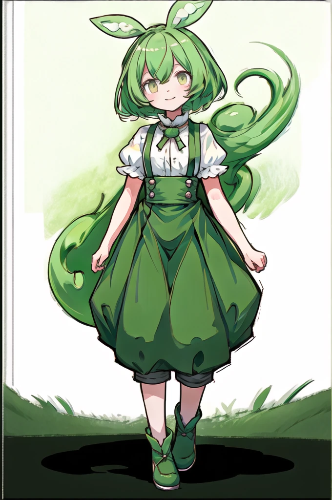Very delicate and beautiful, wonderful,masterpiece, (Depth of written boundary:1.2), One girl, (White clothes:1.6), Green Pants,Green Short Hair, suspenders, (Simple Background, White Background:1.8),View your viewers, Little, smile