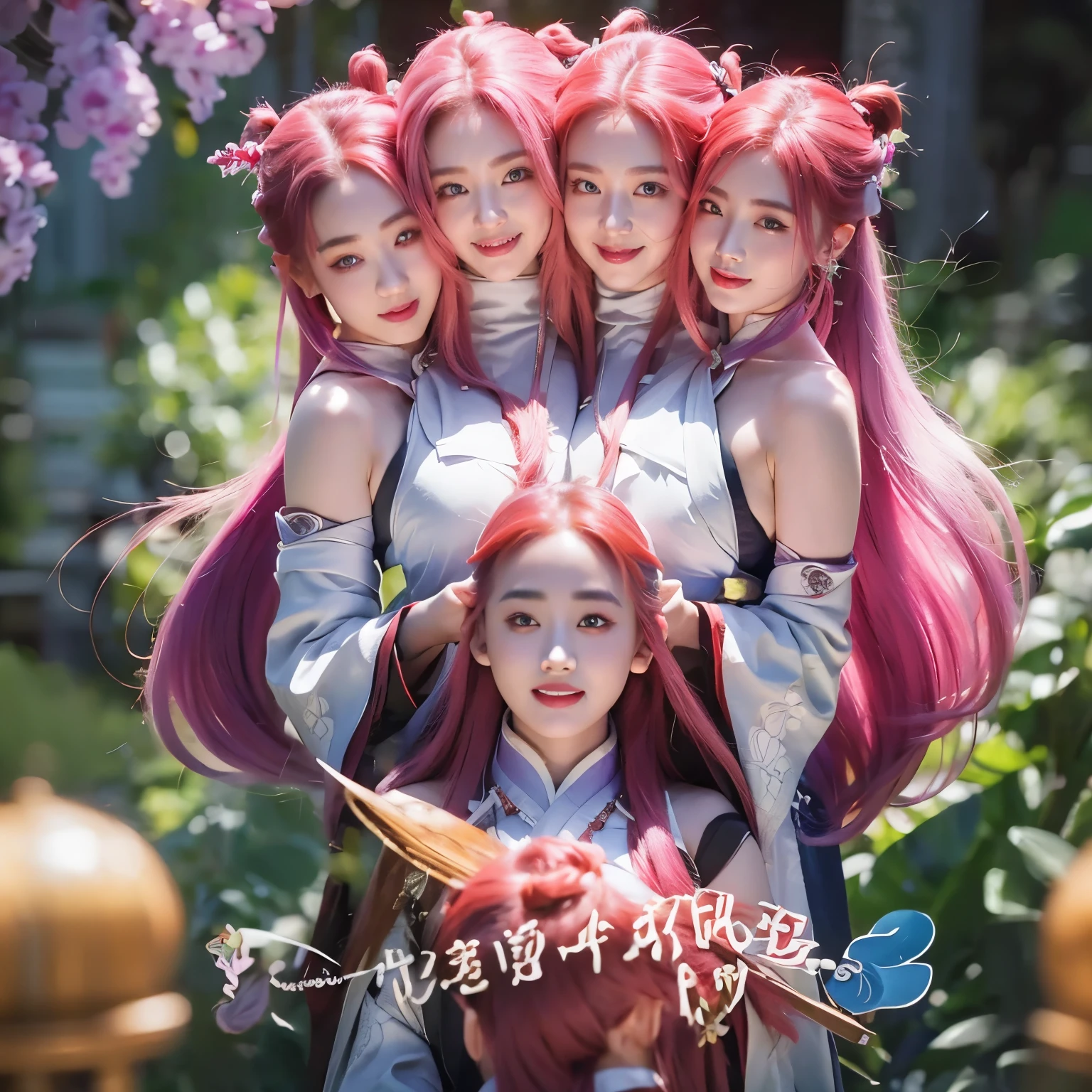 [[[[[[[[kacyu, as109]]]]]]]], 3heads, best quality, masterpiece, 1girl, yae miko character, long pink hair, identical hair color, same eye color, necks side by side, necks evenky spaced on shoulders, smiling, outdoors ((three heads, 3head):1.5)，masterpiece, illustration, beautiful, 4k, 8k,