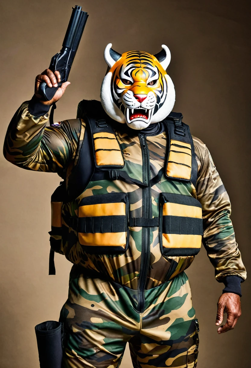 (a dark-skinned fat muscular old man in a bulky camouflage zipper diver suit) saluting, carrying a gun and (wearing roaring siberian tiger mask that show the wearer eyes), muscular, Basuki Abdullah, sumatraism, action, a character portrait, heroic, fierce, snarling, best quality