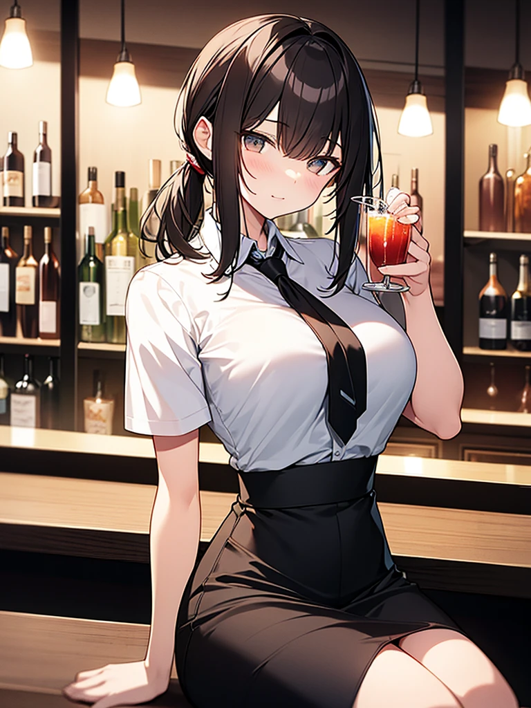 A bar at night, seated, view from the counter, customer, cocktail glass with alcohol, white collared shirt, short sleeves, black long skirt, ponytail:1.9 背のexpensive女性:1.9. Short black hair, straight hair, hair tie, bangs swept to the side:1.9. Slanted Eyes, Brown eyes, expensive, Strong-willed, beautiful、Big breasts、adult、Broad shoulders