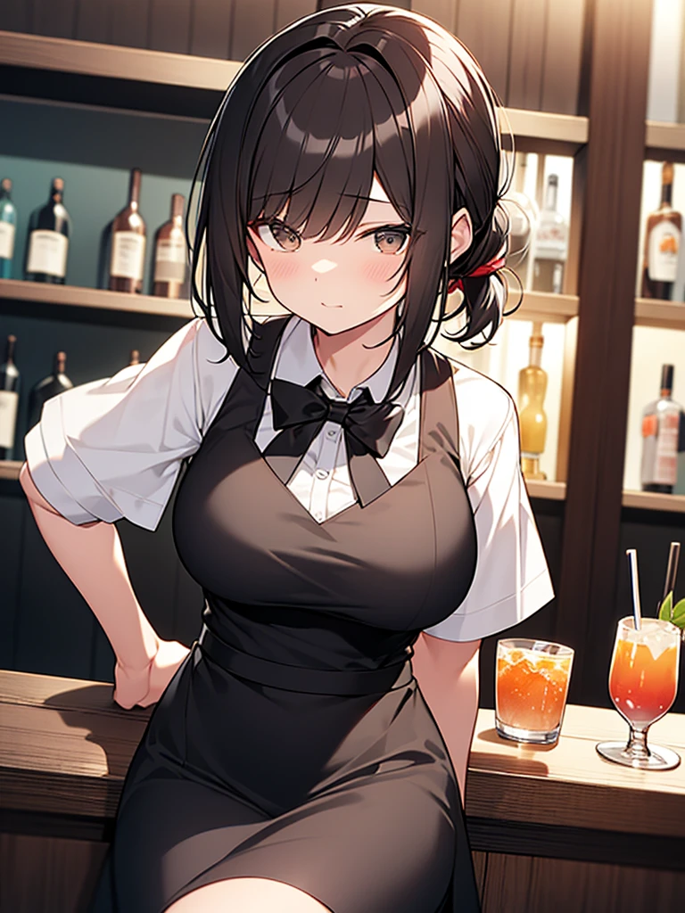 A bar at night, seated, view from the counter, customer, cocktail glass with alcohol, white collared shirt, short sleeves, black long skirt, ponytail:1.9 背のexpensive女性:1.9. Short black hair, straight hair, hair tie, bangs swept to the side:1.9. Slanted Eyes, Brown eyes, expensive, Strong-willed, beautiful、Big breasts、adult、Broad shoulders