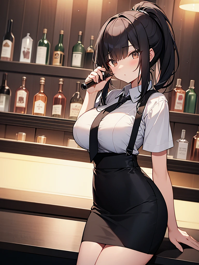 Solo Back view, Bar at night, Broad shoulders, Woman, Seated, Customer seat, Cocktail glass, White collared shirt, Short sleeves, Black long skirt, Ponytail:1.9 背のexpensive女性:1.9. Short black hair, straight hair, hair tie, bangs swept to the side:1.9. Slanted Eyes, Brown eyes, expensive, Strong-willed, beautiful、Big breasts、adult