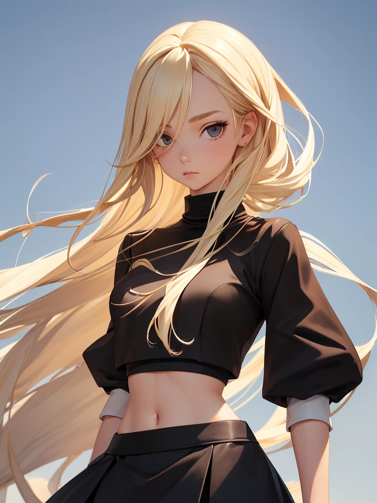 (best quality), 1girl, female, porcelain skin, blonde hair, straight hair, medium hair, swoopy tips, Flipped-up ends, brown eyes, perfect eyes, crop turtleneck top, black skirt, slender, , small bust, shy, masterpiece, anatomically correct, highres
