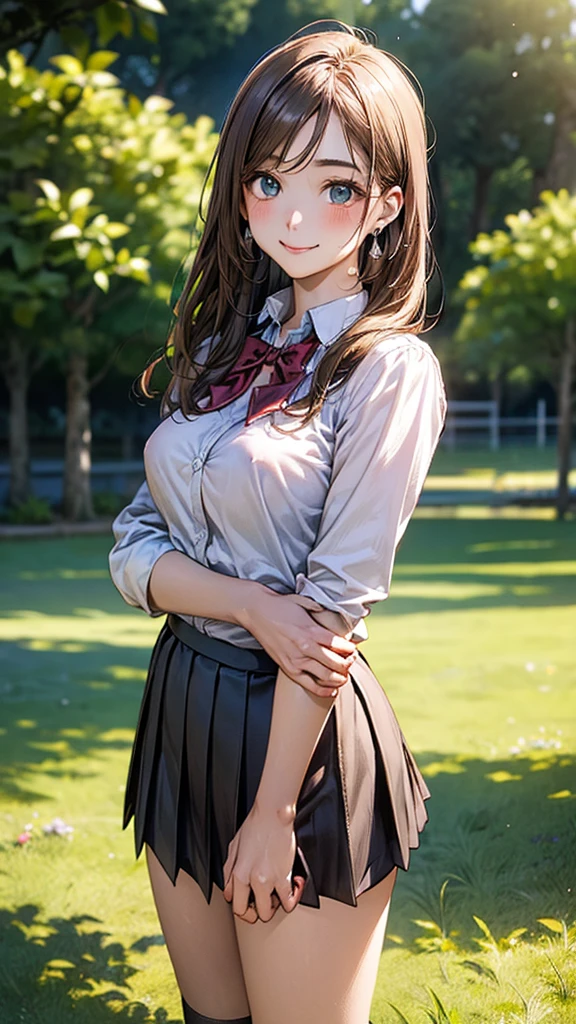 (masterpiece:1.2, top-quality), (realistic, photorealistic:1.4), beautiful illustration, (natural side lighting, movie lighting),
looking at viewer, cowboy shot, front view:0.6, 1 girl, japanese, high school girl, perfect face, cute and symmetrical face, shiny skin,
(long hair:1.8, straight hair:1.7, light brown hair), parted bangs, emerald green eyes, long eye lasher, (large breasts:0.9, thick thighs),
beautiful hair, beautiful face, beautiful detailed eyes, beautiful clavicle, beautiful body, beautiful chest, beautiful thigh, beautiful legs, beautiful fingers,
((, white collared shirts, black pleated mini skirt, black socks, brown loafers, red bow tie)), break, hoop ring earrings, pink panties, dark blue violet cardigan
(beautiful scenery),
In the grass of the meadow, I stand alone.
Her face is bright red, her brow is furrowed, her mouth is open, and she looks delighted. Her large breasts and nipples are standing out, even through her shirt. (The skirt is shorter than normal, but even shorter.) The girl has brown hair.
(Very short skirt).