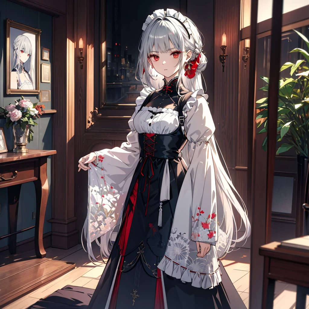 8k,High resolution RAW color art,Anime Art, (((Very detailed and cool))), Detailed skin, Blurry、texture,(Exquisitely crafted, Finer details, Ultra-detailed art), (((1 girl))), Written boundary depth, Silky to the touch, Hyper Detail, (((Cool face))), eye shadow、Silver Marble Skin, Beautiful and detailed red eyes, Beautiful lip detail, Very delicate face, Delicate depiction of hair and eyes, Delicate fashion, Full body description、Long silver hair、Red Eyes、retro maid outfit、Inside the house、A subtle piece、Standing posture