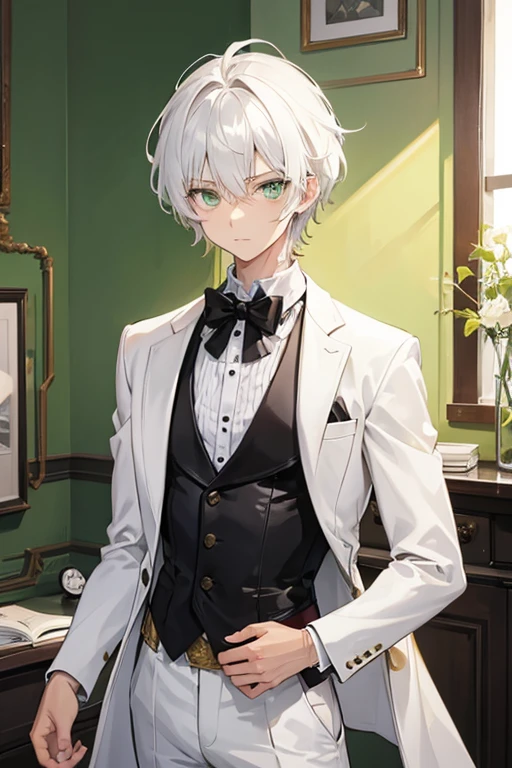 Male tan skin sexy men White hair green eyes teen