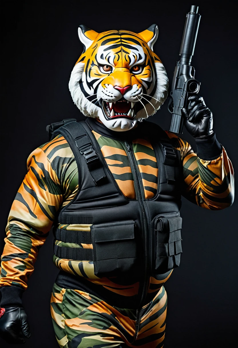 (a dark-skinned fat muscular old man in a bulky camouflage zipper diver suit) saluting, carrying a gun and (wearing roaring siberian tiger mask that show the wearer eyes), muscular, Basuki Abdullah, sumatraism, action, a character portrait, heroic, fierce, snarling, best quality