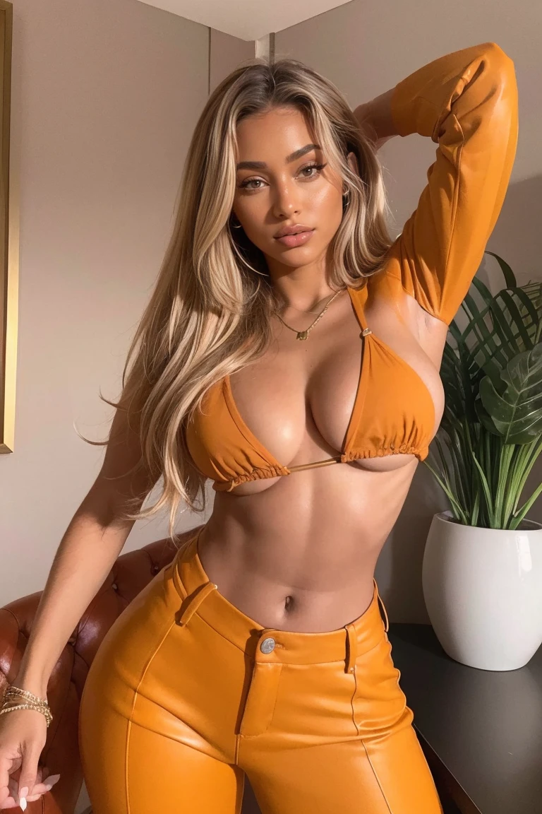 femme d'affaires cokazienne TAILLEUR couleur caramel PANTALON MOULANT vue de dos((gros cul))décolleté chaud et chaud
