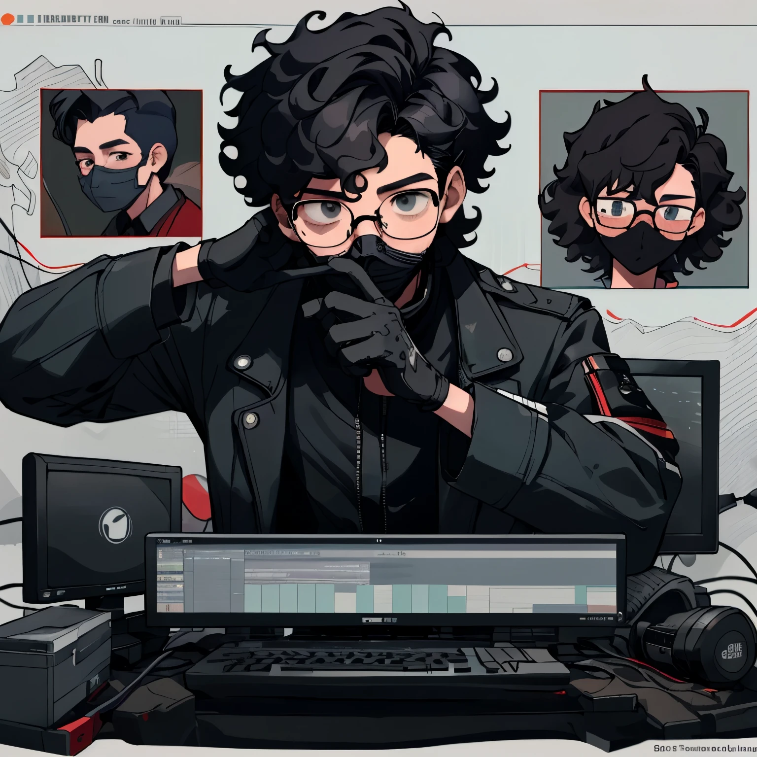 Kpop Boys,He is in his late 30s,In the computer room,Black leather gloves,Face masks,Looking at trade charts,Wearing a cool suit jacket,Wearing a headset,Black messy curly hair、Background shows multiple trading monitors,far and near method, 3D Rendering, He is explaining the trade.,Glasses