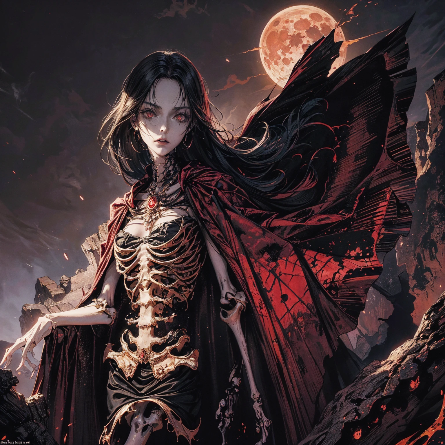 best quality, 4K, high resolution, masterpiece:1.2, Very detailed, actual:1.37, Mood lighting, An undead girl in a long cape, Torso and limb is skeleton bone but head is still beautiful human face, Wearing a ragged gothic skirt, Aloofness emotion, Dangerous sneer, Black Hair, Standing, Facing the camera, Crucified, Pitch black sky, Blood-red moon, strange atmosphere, Gothic style, Unforgettable beauty, Dramatic shadows, Ethereal Light, Mysterious atmosphere.