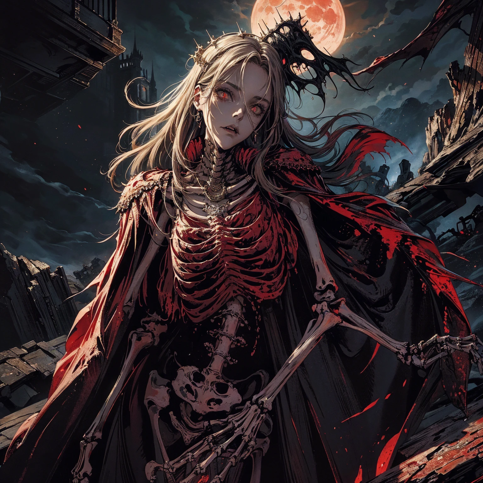 best quality, 4K, high resolution, masterpiece:1.2, Very detailed, actual:1.37, Mood lighting, An undead girl in a long cape, Torso and limb is skeleton bone but head is still beautiful human face, Wearing a ragged gothic skirt, Aloofness emotion, Dangerous sneer, Black Hair, Standing, Facing the camera, Crucified, Pitch black sky, Blood-red moon, strange atmosphere, Gothic style, Unforgettable beauty, Dramatic shadows, Ethereal Light, Mysterious atmosphere.