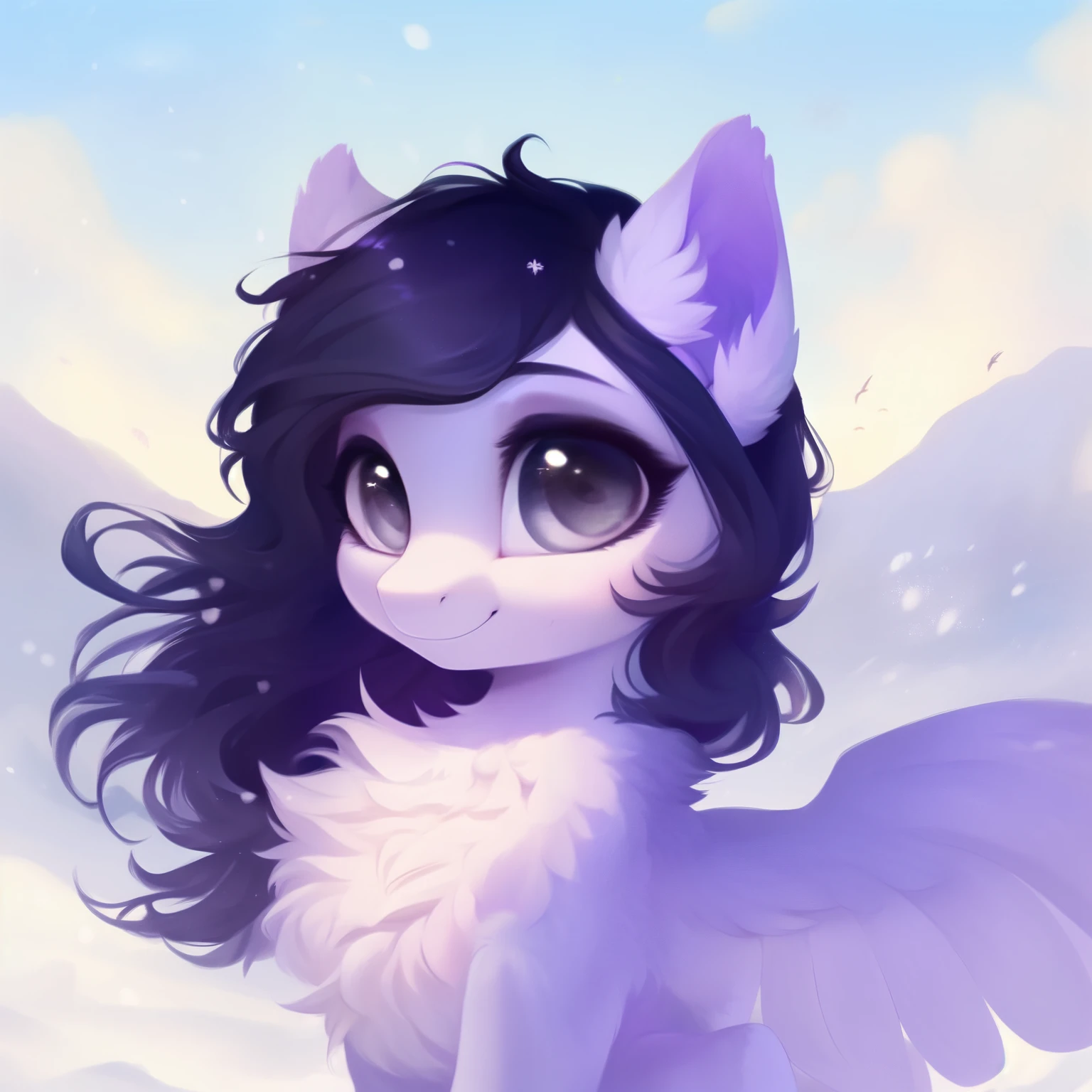rating_safe, score_9, fluffy, feral pegasus pony, female,round cute face, Lavender purple body, black-purple mane, disheveled hair, soft and delicate long hair, clear grey eyes, grey eyes, smiling. dynamic。young and beautiful。Standing on a snowy field