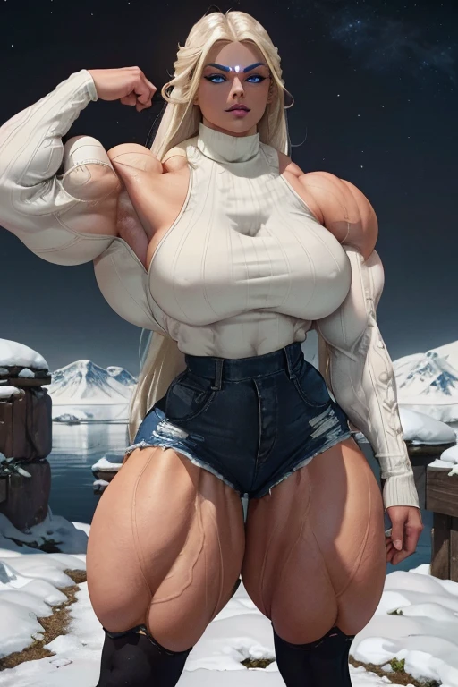 (Close view), tall, White hair, muscular woman, long straight hair, light brown skinned, closed smile, (black lipstick), ((massive muscles)), (hyper muscle), ((ginormous bulky muscles)), ((glowing blue eyes)), (((long sleeve white turtleneck sweater))), (white denim shorts), sneakers, wristbands, choker, high heels, (snowy hills),