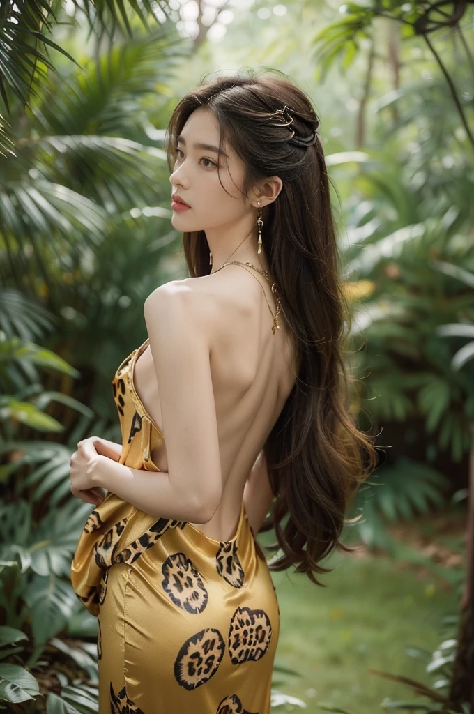 (((best quality))),(((ultra detailed))),(((masterpiece))),illustration,((1 beautiful girl,solo)),(shoulder length messy hair:1.2),((Beast bone earrings and necklace)),((slim,thin)),(((bare back,towering hips,butt crack))),fair complexion,(leopard print panel dress:1.3),seductive,wild spirit,lush forest,primitive,tall trees,green canopy, sunlight filter,scent of earth,bird chirping,small creatures,secluded spot,captivating,enigmatic,raw energy,untamed spirit,morden day Eve,Garden of Eden,playful,adventurous,striking appearance,exotic setting,summertime,heat,humidity,vibrant colours,endless possibilities,exquisite detail,expansive wilderness,feminine allure,((from back,upper body))