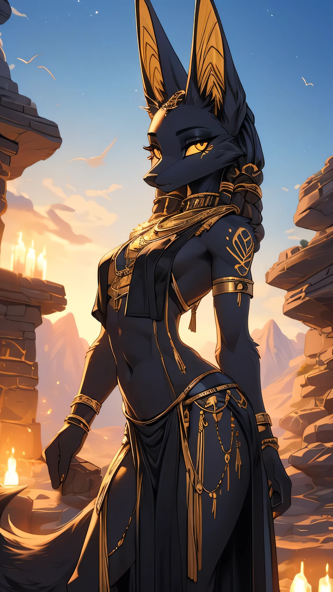 Masterpiece Best quality, the best definition to add aesthetic and lighting details Black girl jackal, egiptian clothes, teen girl, ,black body, ( the best definition in the body, good attributes, styled body, slanted eyes, sensual look) egipt landscape, golden tattoo body, sensual eyes, yellow pupil 