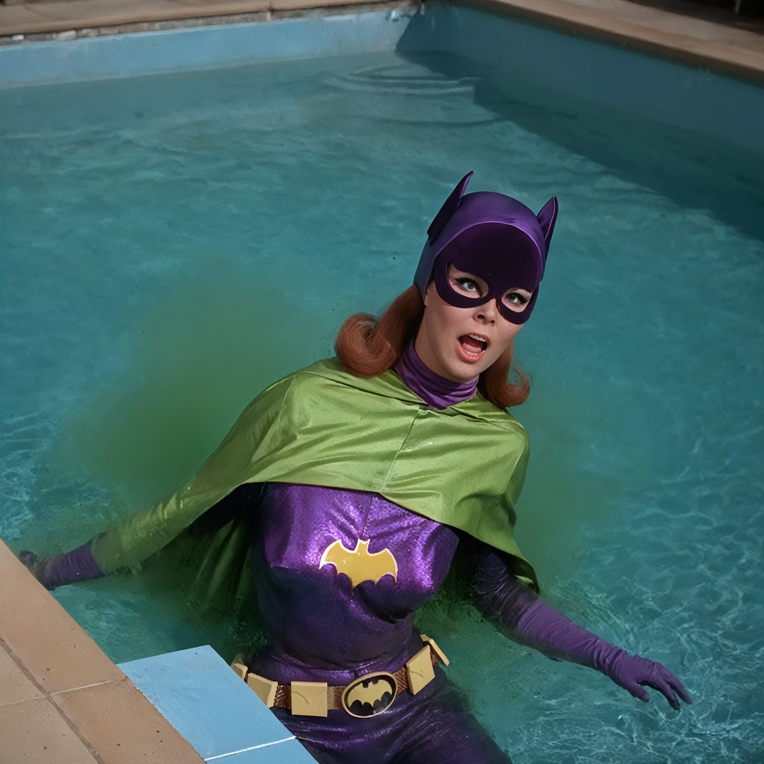 yvonne craig woman, sinking in a pool with green acid nside a lab. She screams with her eyes wide open, she looks for help, extent her arm trying to grab something to escape, she moves desperate, but half of her body is already cover by acid she is in pain, smoke everywhere. she screams as hard as she can , 60's style, analog film, film grain, on a lab