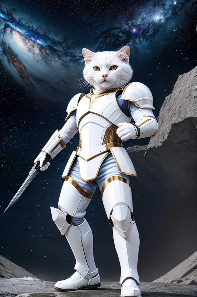 A white cat with armor on destroying galaxies