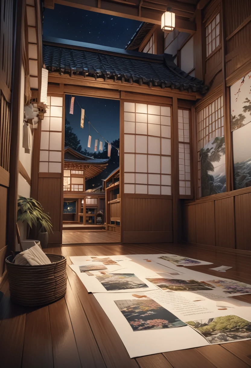 a sprawling japanese traditional house at night, tanabata paper strips hanging from leaves, detailed night sky with stars, (best quality,4k,8k,highres,masterpiece:1.2),ultra-detailed,(realistic,photorealistic,photo-realistic:1.37),detailed architecture, traditional japanese aesthetic, intricate paper decorations, atmospheric lighting, cinematic composition, warm color tones