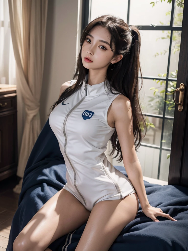 disorganized, RAW photo, very delicate and beautiful, masterpiece, highest quality, ultra high resolution, 16k, surreal, super detailed, perfect anatomy, super dense skin, perfect figure, Highly detailed CG 8k wallpaper, 20&#39;s, very slim body, tight waist, very small head, very small face, delicate features, tearful mole, mole on chest, earrings, thin legs, ((very huge round breasts)), ((full body shot)), short middle hair, wavy hair, ((tracksuit)), (No sleeve), shorts,