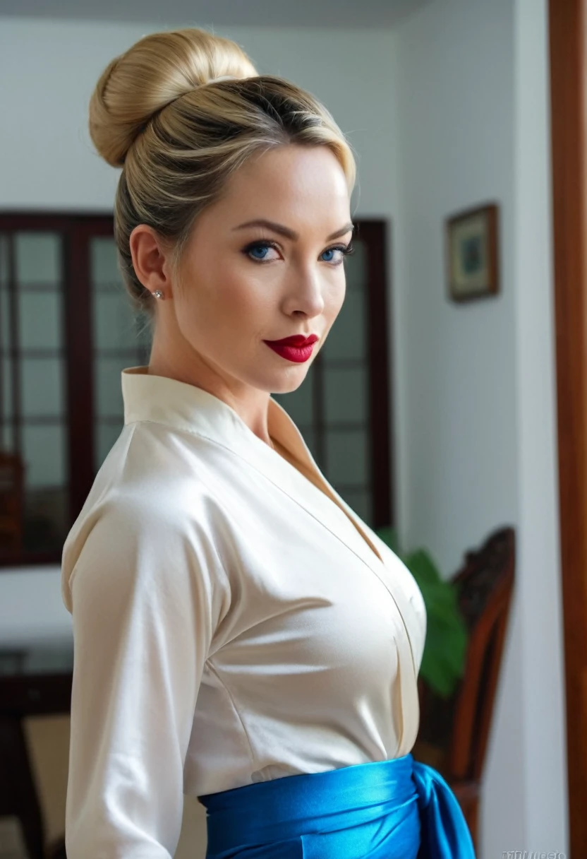 beautiful woman of 40 years old with blue eyes, blond with brown roots, hair in bun with tendrils, looking directly at the camera, very realistic, at home, silk aodai, clothes tight against body, clothes too tight, film grain, fit muscular body, big breasts, clothes too tight, seductive, lipstick, full body shot, glasses, ao dai, satin, shiny, vietnamese clothing
