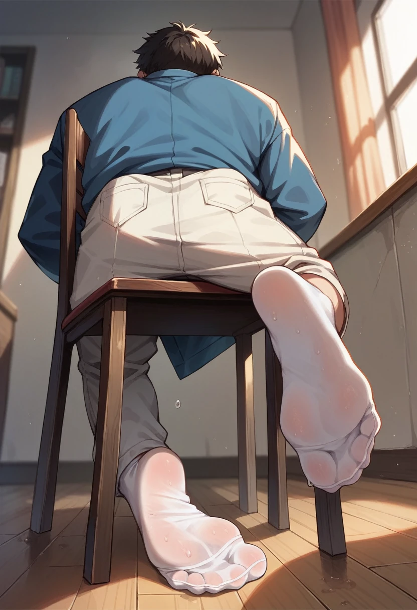 Anime boy very wet sweaty white socks under chair showing his feet soles close to the camera