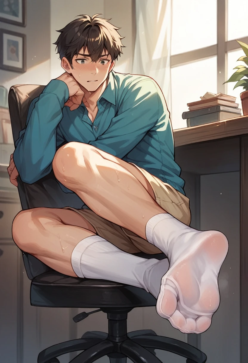 Anime boy very wet sweaty white socks under chair showing his feet soles close to the camera