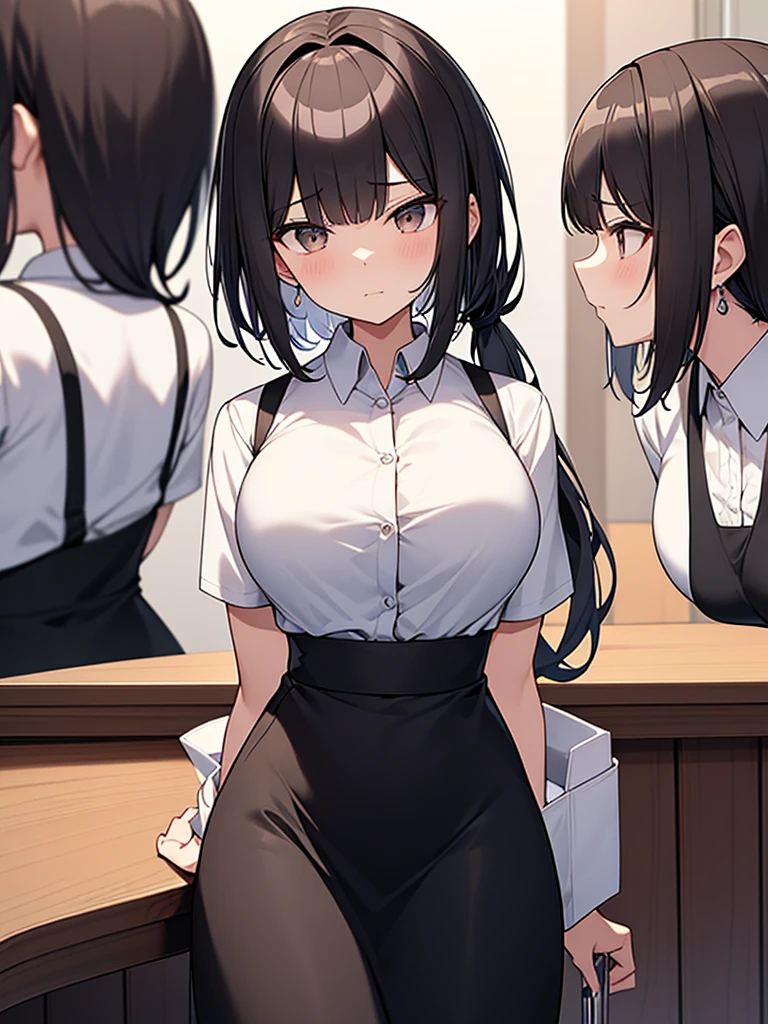 夜中のバー Broad shoulders 女性 着席 カウンター側から見た視点:1.9 Customer: Cocktail glass with alcohol, White collared shirt, Short sleeves, Black long skirt, Ponytail:1.9 背のexpensive女性:1.9. Short black hair, straight hair, hair tie, bangs swept to the side:1.9. Slanted Eyes, Brown eyes, expensive, Strong-willed, beautiful、Big breasts、adult、Broad shoulders