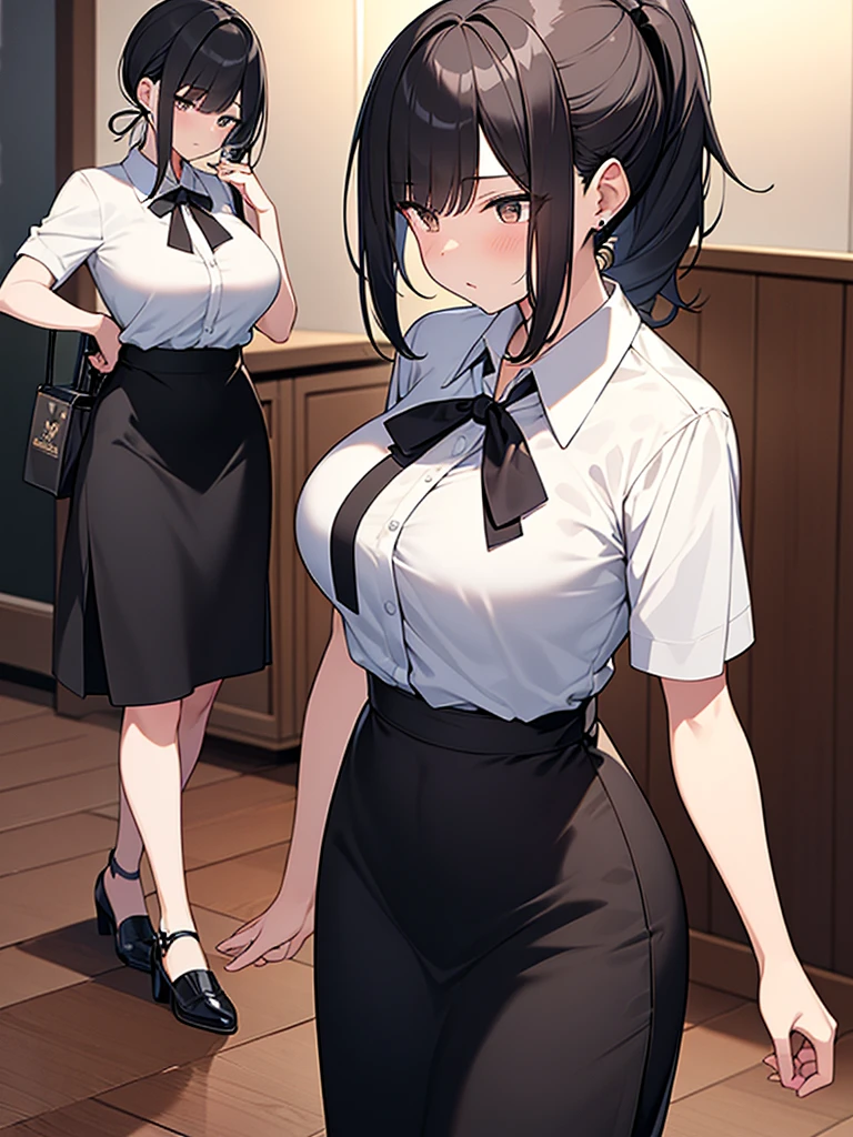 夜中のバー Broad shoulders 女性 着席 カウンター側から見た視点:1.9 Customer: Cocktail glass with alcohol, White collared shirt, Short sleeves, Black long skirt, Ponytail:1.9 背のexpensive女性:1.9. Short black hair, straight hair, hair tie, bangs swept to the side:1.9. Slanted Eyes, Brown eyes, expensive, Strong-willed, beautiful、Big breasts、adult、Broad shoulders