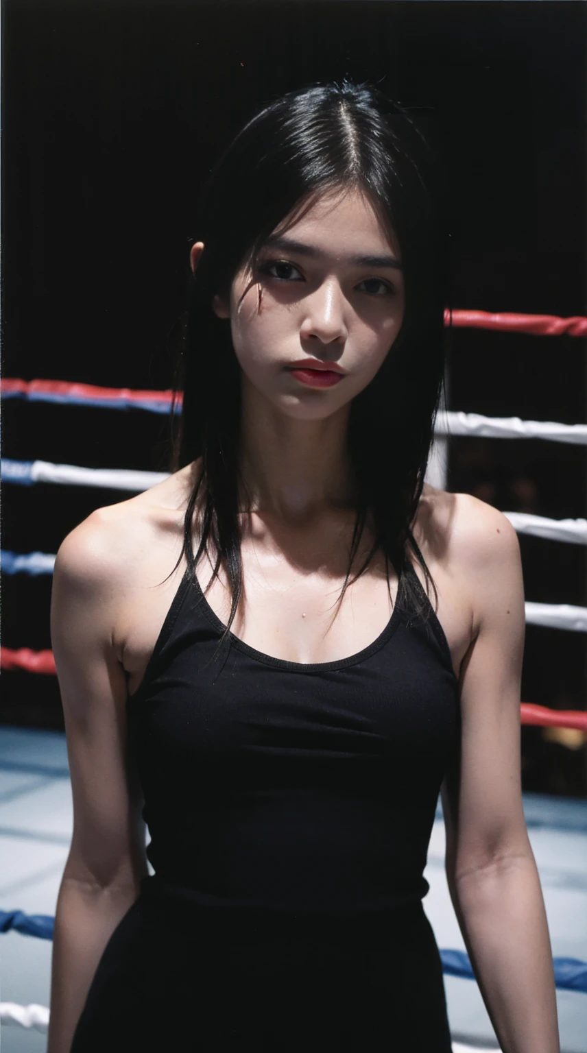 image of a very beautiful lady, determined eyes, long messy hair, in a boxing ring, wearing boxing glove, ready to fight, sweating, colourful, bruise on face, light , warm light, high contrast between the dark background and the bright, in the style of movie still, snapshot realism, fujifilm eterna vivid 500t, chinapunk, cyberpunk realism, poolcore --ar 73:111 --stylize 750 --v 6
