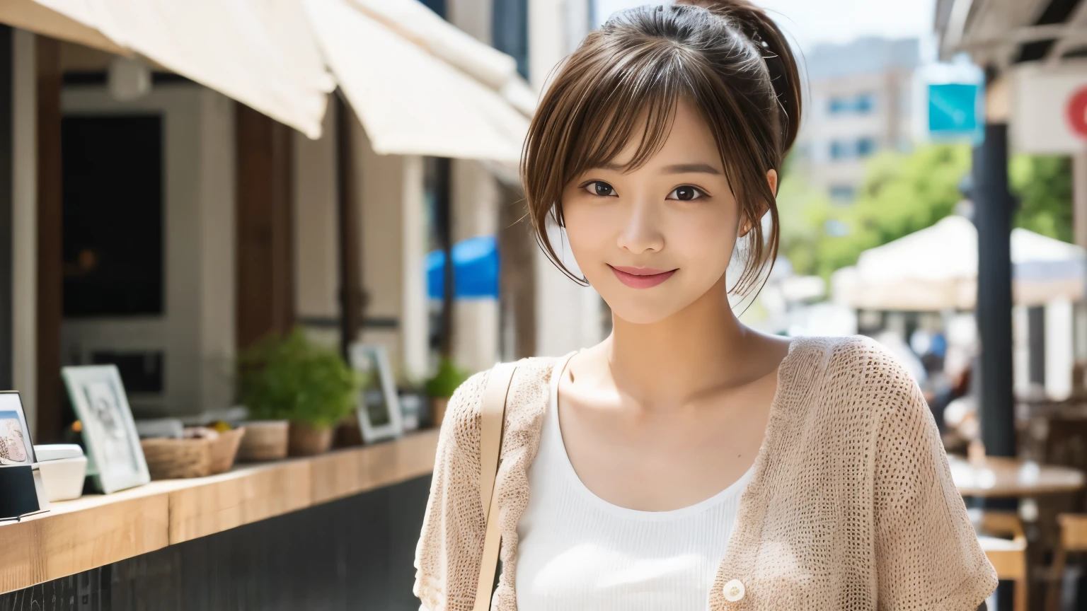 super high quality, Fashion Model, smile, Slenderのネックレス, Slender, The staff is working at the counter in the back., (8k、RAW Photos、Highest quality、masterpiece:1.2), Japanese Idol, Stylish café, (Realistic、Photorealistic:1.37), Beautiful Face , Mesh Hair, Urban Cafe, Golden Ratio, Raw photo, Cute face , Light Brown Hair, Small breasts, Bright cafe interior, Blurred Background, Famous actress, Summer clothes, Beautiful hairstyle, Photographed inside the cafe, Hair blowing in the wind, Neat clothes, ponytail, T-Shirts, Very Short Hair, 18-year-old, Stylish clothes, 
