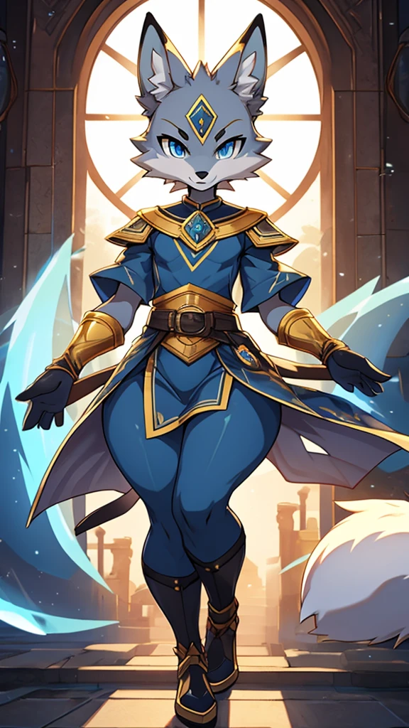 Short Male fox with Wide hips, Big thighs, Gray fur, large butt, Slim shoulders, Slim waist, Gorgeous Navy blue eyes, wearing a Yellow tunic emiting a powerful blue aura.