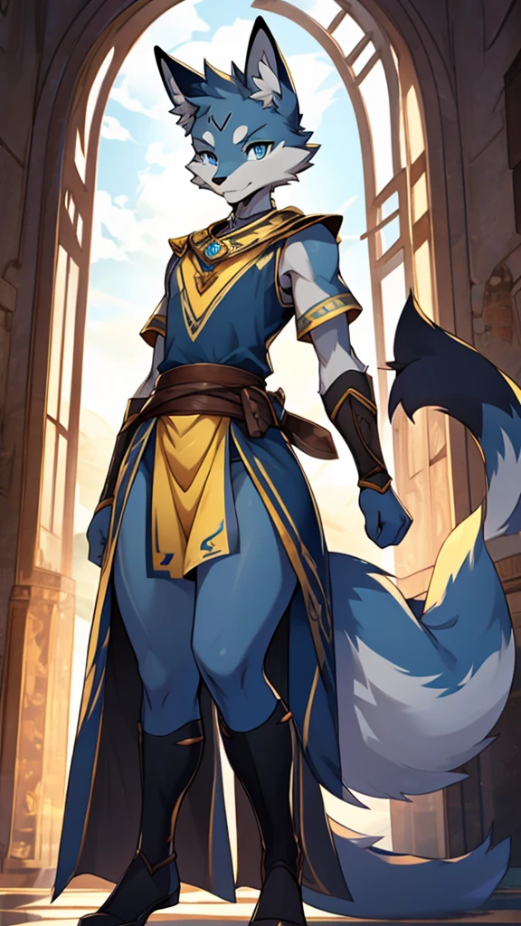 Short Male fox with Wide hips, Big thighs, Gray fur, large butt, Slim shoulders, Slim waist, Gorgeous Navy blue eyes, wearing a Yellow tunic emiting a powerful blue aura.