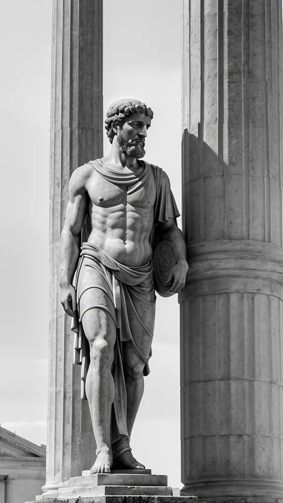 Design a black and white logo for "Stoic Insights" featuring a minimalist representation of a classical Greek or Roman column. Include a silhouette or outline of a Stoic philosopher figure, such as Marcus Aurelius or Seneca, standing beside the column. The philosopher should be depicted in a contemplative pose, symbolizing wisdom and introspection. Ensure the logo is clear, balanced, and scalable, suitable for both digital and print use