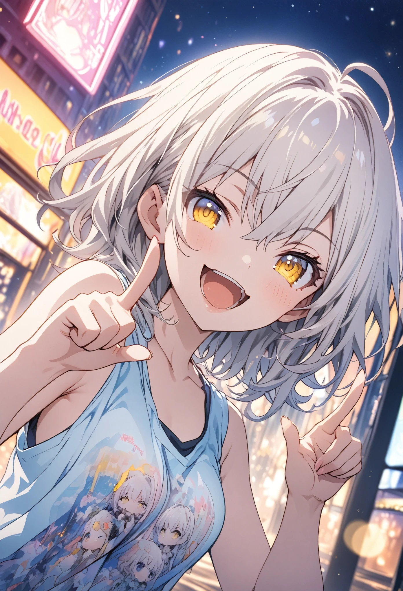 masterpiece, Highest quality, Highly detailed CG Unity 8k wallpaper, chibi, High Girl Anime Illustration. Wear an oversized tank top、Doing the finger guns pose、she has her eyes closed and mouth open, smile. The background is a light pastel colored landscape., White hair color, Yellow Eyes, night, Neon light city、Bokeh