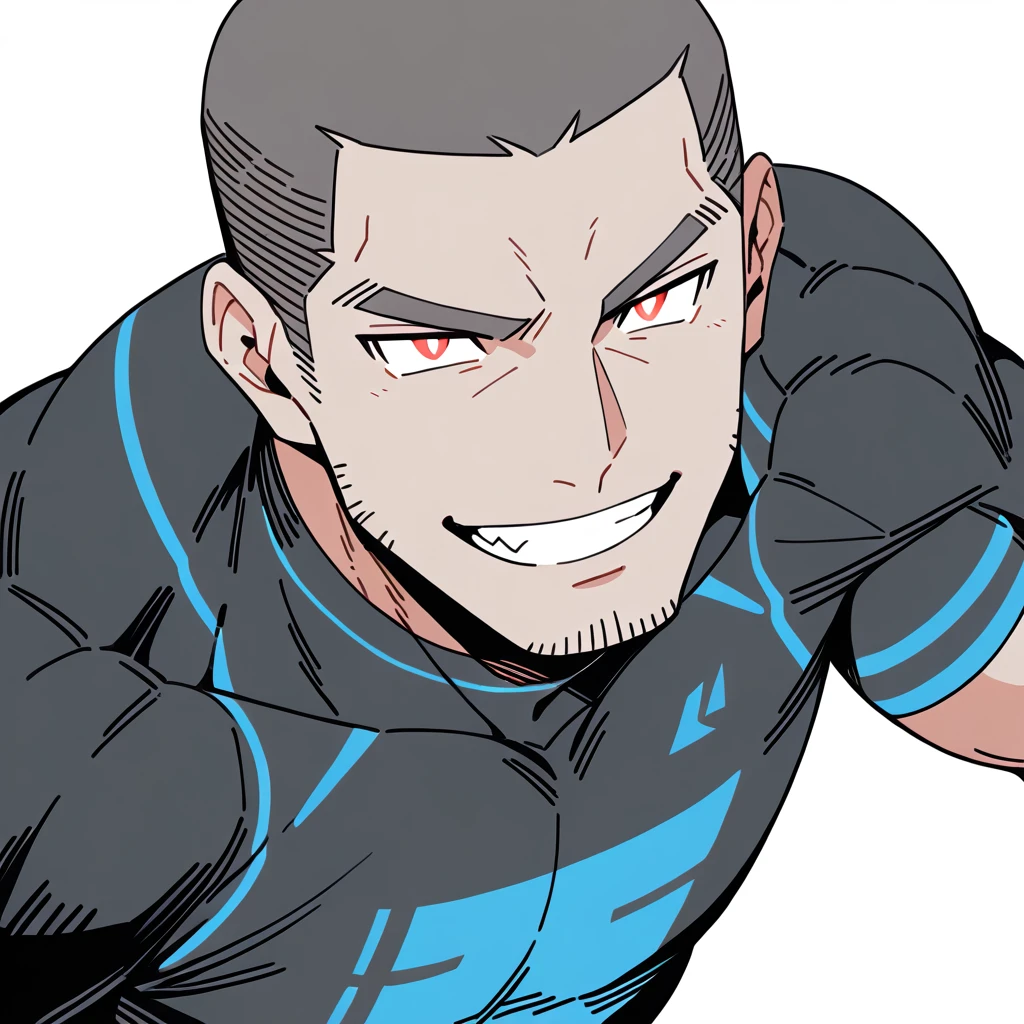 anime characters：Priapus, Dark Grey Skin Muscle Sports Student, Buzz Cut, Manliness, male focus, Sports tight hooded sweatshirt, Under Armour Brand, Wear a high-necked tights underneath, Very tight, full and perky chest muscles, muscular male, muscular, only, Upper body, alone, Red short hair, Thick eyebrows, stubble, Brown-red pupils, White background, simple background, amazing quality, best aesthetics, Ridiculous, crew cut, smirk, bright pupils, grin, negative space, negative space, best quality