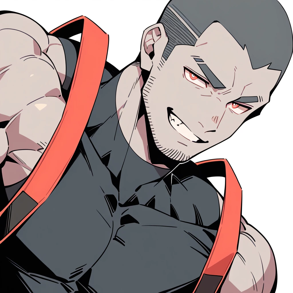 anime characters:Priapus, Dark Grey Skin Muscle Sports Student, Buzz Cut, Manliness, male focus, Sports tight hooded sweatshirt, Under Armour Brand, Wear a high-necked tights underneath, Very tight, full and perky chest muscles, muscular male, muscular, only, Upper body, alone, Red short hair, Thick eyebrows, stubble, Brown-red pupils, White background, simple background, amazing quality, best aesthetics, Ridiculous, crew cut, smirk, bright pupils, grin, negative space, negative space, best quality