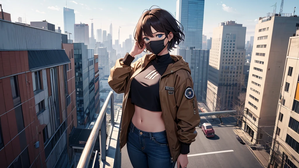 A girl wearing mask, brown short hair, a pistol in his hands, wearing a synthetic black crop top with a brown jacket and blue jeans, blue eyes, standing on a rooftop,centre of image,seeing towards viewers,half body shot,large image of girl,focused imageof girl,cute girl,korean.