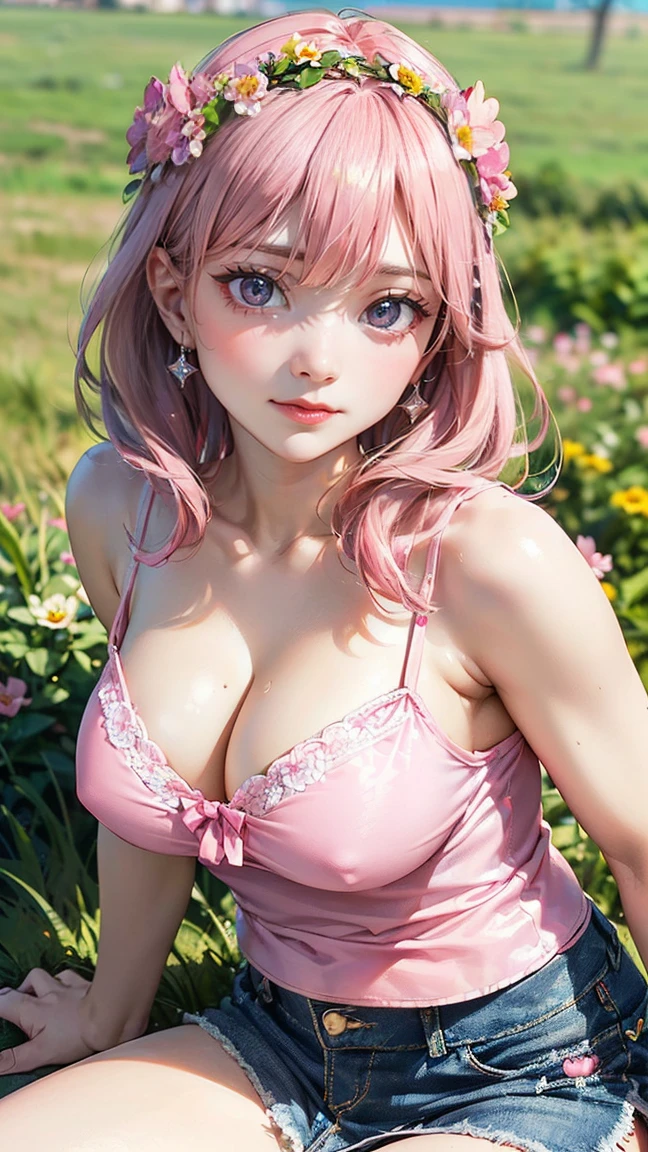((Highest quality, 8k, masterpiece :1.3)), (Sharp focus :1.2, Beautiful woman with perfect figure :1.4, Slim Abs), ((Big Breasts, Emphasize cleavage:1.2)), (Photorealistic:1.4), (realistic:1.4), (Pink Hair:1.5), Highly detailed face and skin texture, Fine grain, double eyelid. Makeup face, A little bit of lipstick, sex appeal, Sexy gravure pose, ((Sexy girly beauty in pink camisole and denim skirt。Wearing a flower crown in the grassland、Sitting and smiling pose。Heart-shaped earrings dangling。:1.3)